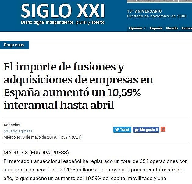 El importe de fusiones y adquisiciones de empresas en Espaa aument un 10,59% interanual hasta abril